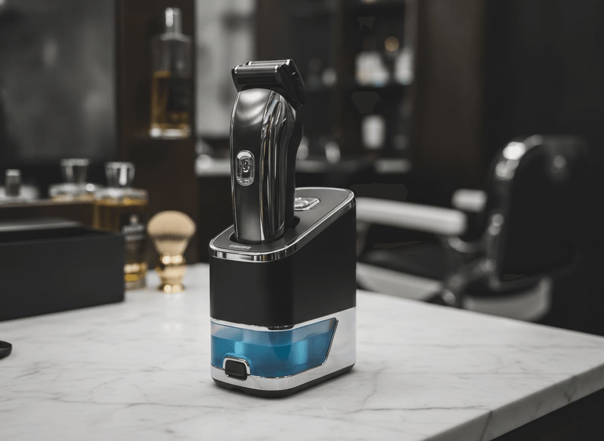 Ein Elektrorasierer passgenau in seiner spezifischen Braun Clean & Charge Station, was die Unterschiede der Modelle verdeutlicht.