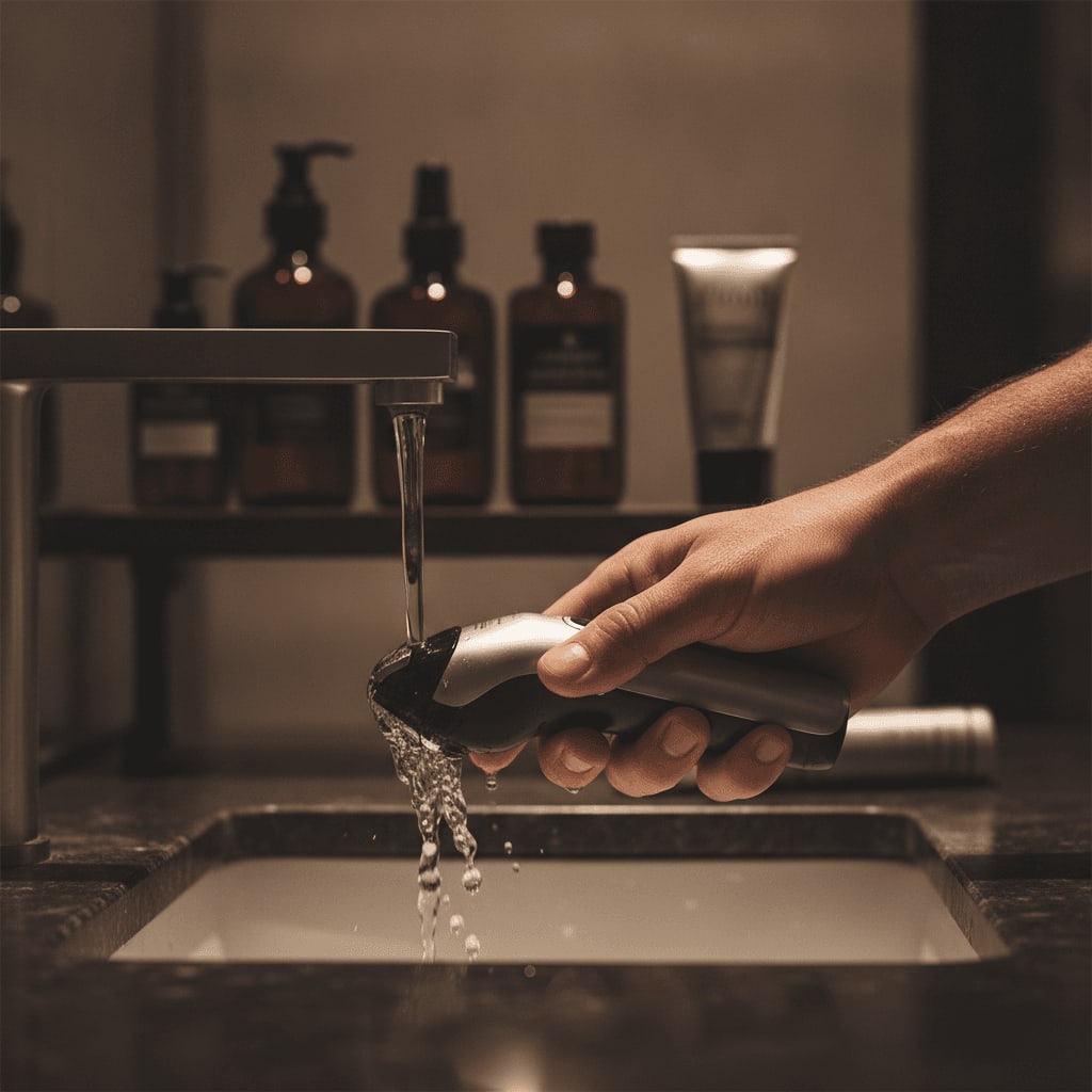 Alternative zur Braun Clean & Charge Station: Manuelle Reinigung des Scherkopfs eines Elektrorasierers unter fließendem Wasser.