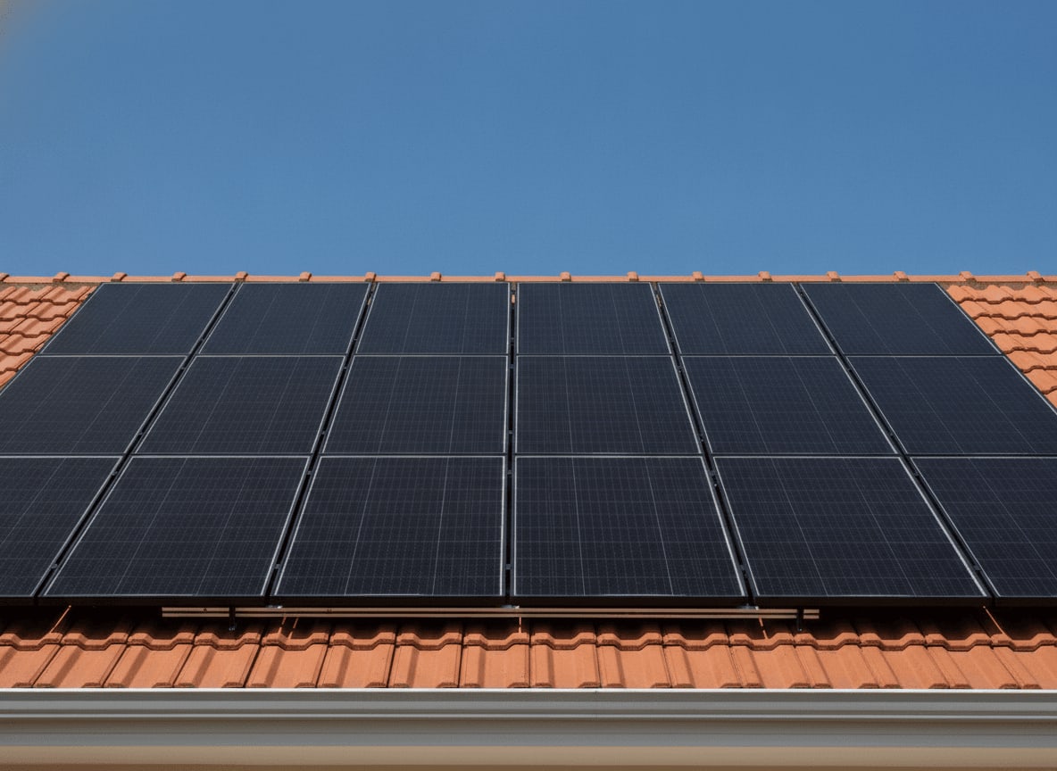Moderne Solarmodule auf einem Hausdach als Komponente einer PV-Anlage mit Wallbox, Beispiel 1/3.