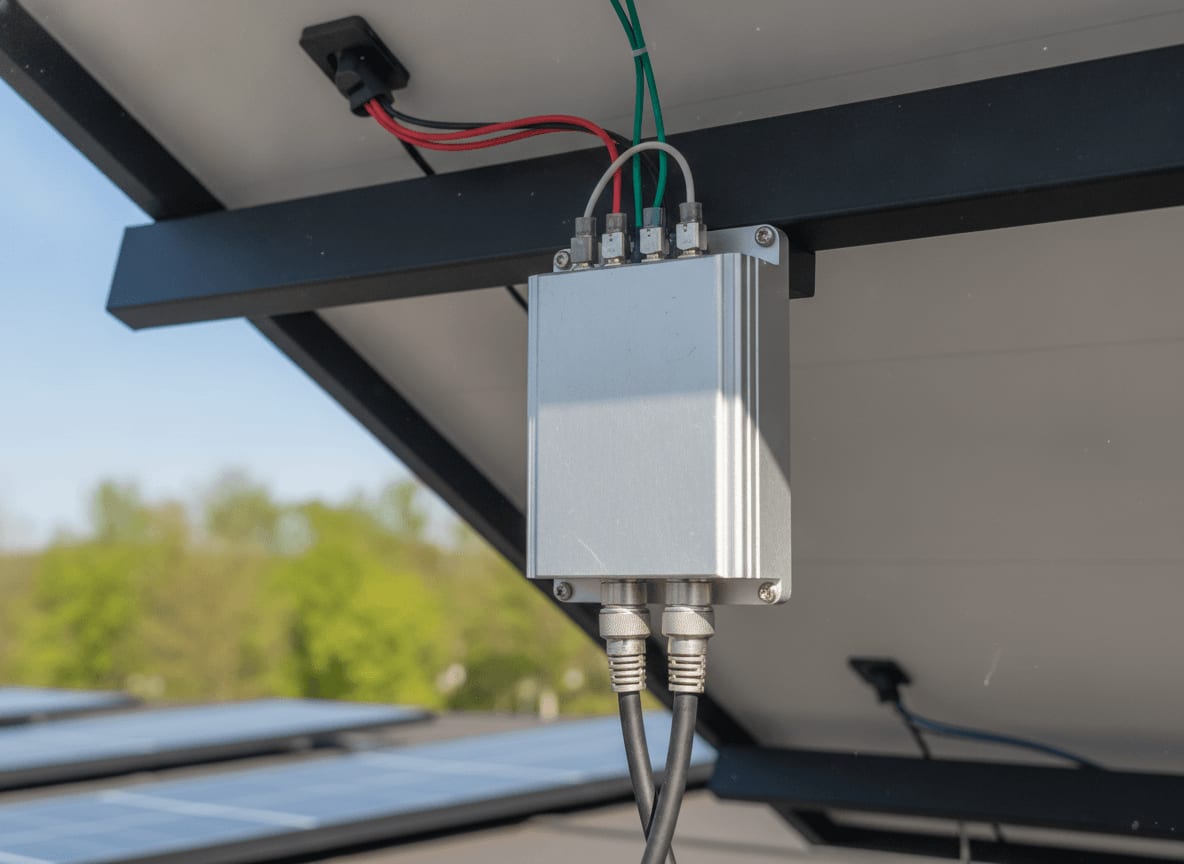 Detailansicht eines Mikro-Wechselrichters, der den Solarertrag eines Balkonkraftwerks im Frühling effizient umwandelt.