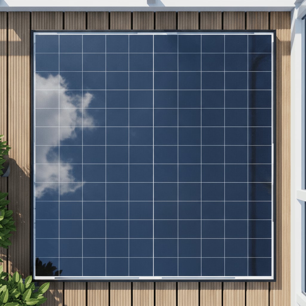 Saubere Solarmodule eines Balkonkraftwerks im Frühling, die den maximalen Solarertrag unter klarem Himmel einfangen.