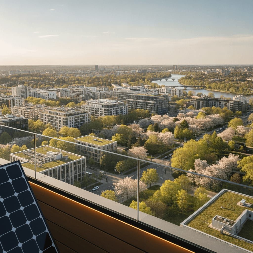 Blick vom Balkon mit Solaranlage, die im Frühjahr zur Energiewende und zu einem hohen Solarertrag beiträgt.