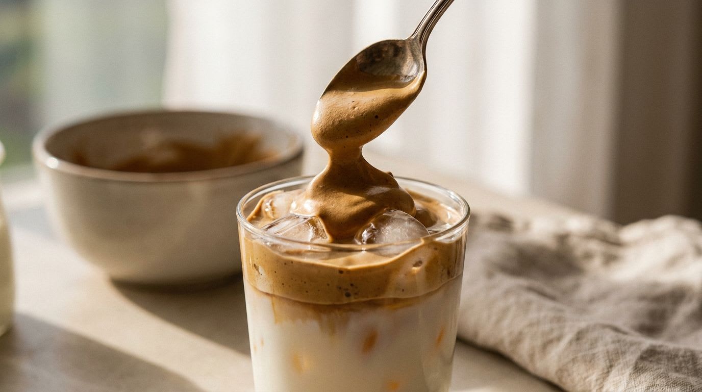 Nahaufnahme des cremigen Schaums für das Dalgona Kaffee Rezept, der kunstvoll auf ein Glas mit kalter Milch und Eis gegeben wird.
