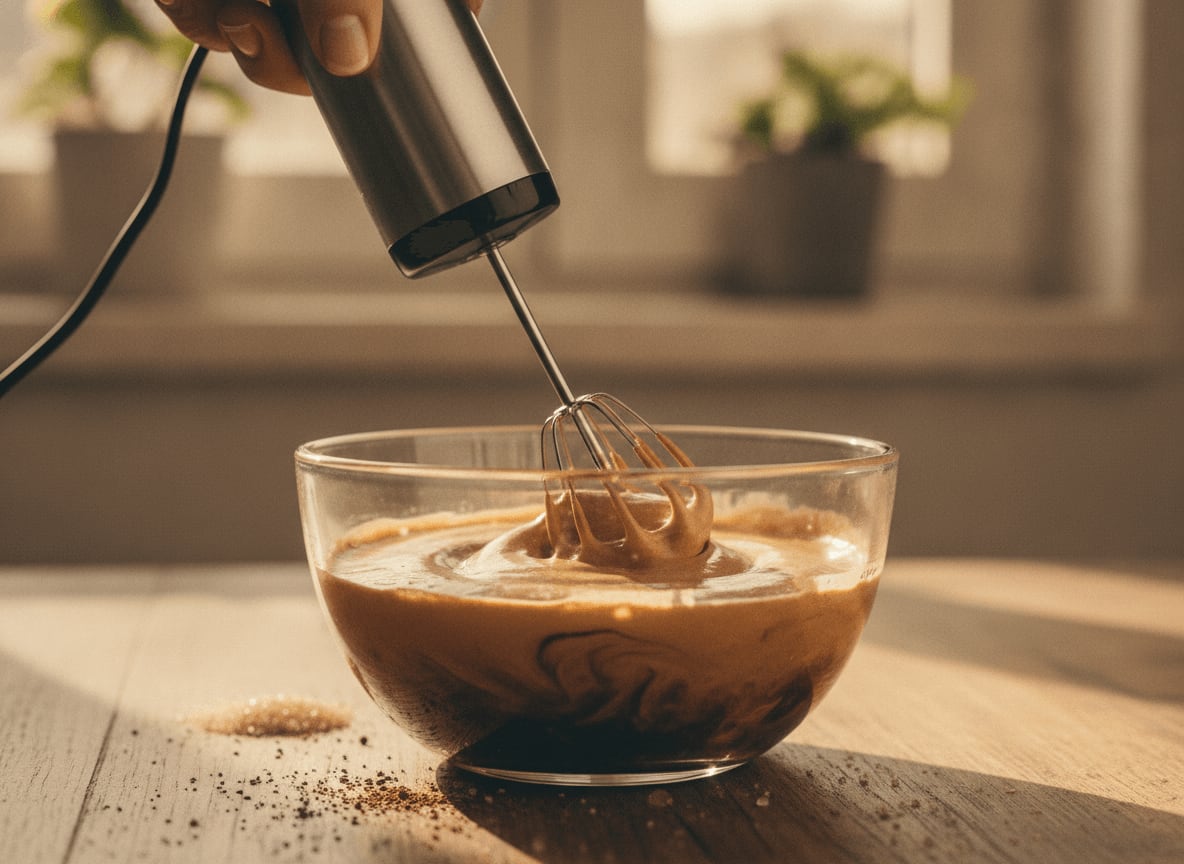 Zutaten für das Dalgona Kaffee Rezept werden mit einem elektrischen Handmixer in einer Glasschüssel zu cremigem Schaum geschlagen.