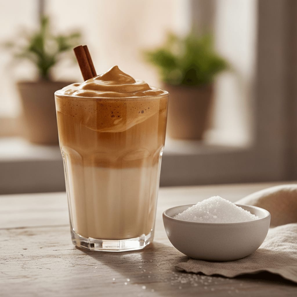 Zuckerfreies Dalgona Kaffee Rezept, zubereitet mit Erythrit als Alternative, serviert in einem Glas mit einer Zimtstange.
