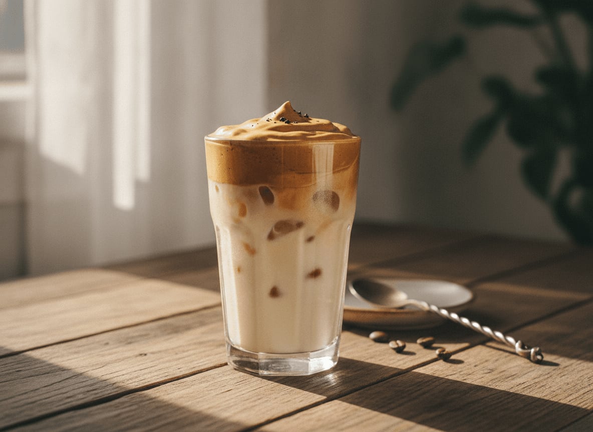 Fertig zubereitetes Dalgona Kaffee Rezept in einem Glas auf einem Holztisch, das die Schichten aus Schaum und Milch zeigt.
