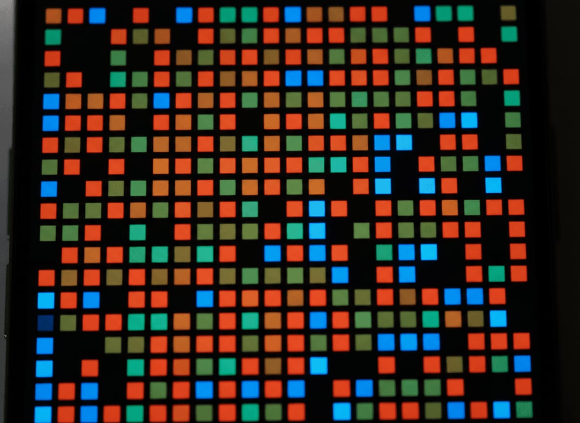 Detailreiche Makroaufnahme eines LTPO-Displays, die einzelne Pixel und Subpixel zeigt und die komplexe Bildschirm-Technologie verdeutlicht.