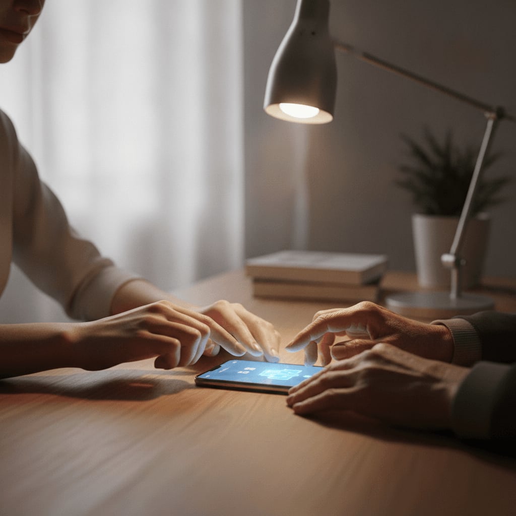 Eine hilfsbereite Person erklärt geduldig die Funktionen auf dem Smartphone, das speziell für Senioren eingerichtet wurde, in einer hellen Umgebung.