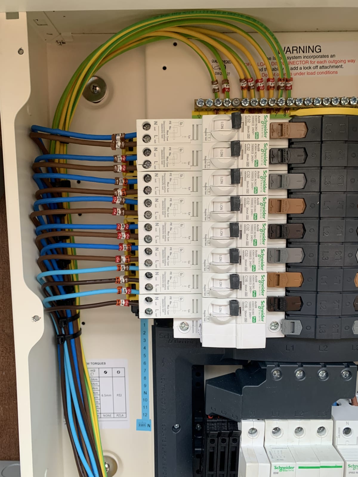 Schneider Electric Acti9 RCBOs rated at C32 30mA installed in the EV charging distribution board at Hollywell in St Albans.