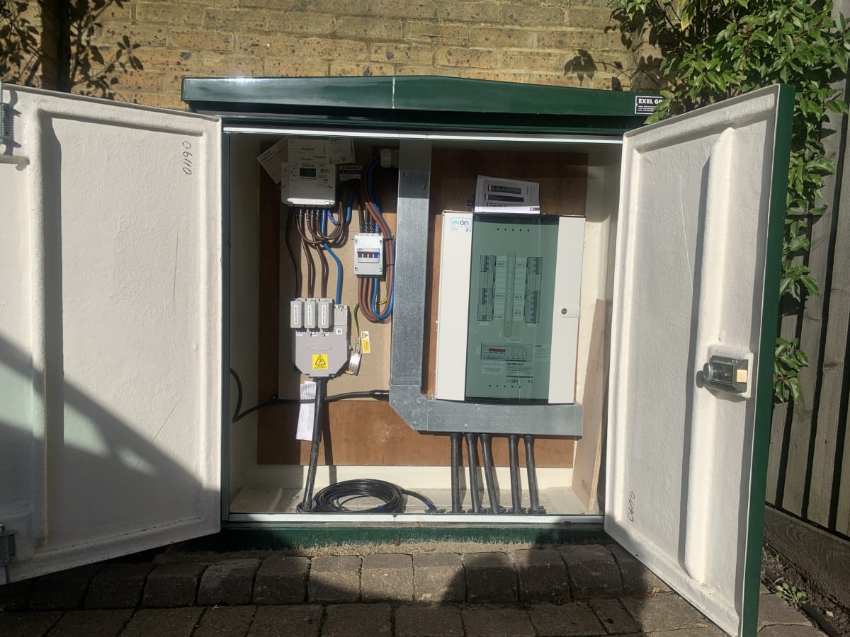 Outdoor electrical feeder cabinet housing distribution board and meter for EV chargers at Ashby Lodge, Hendon