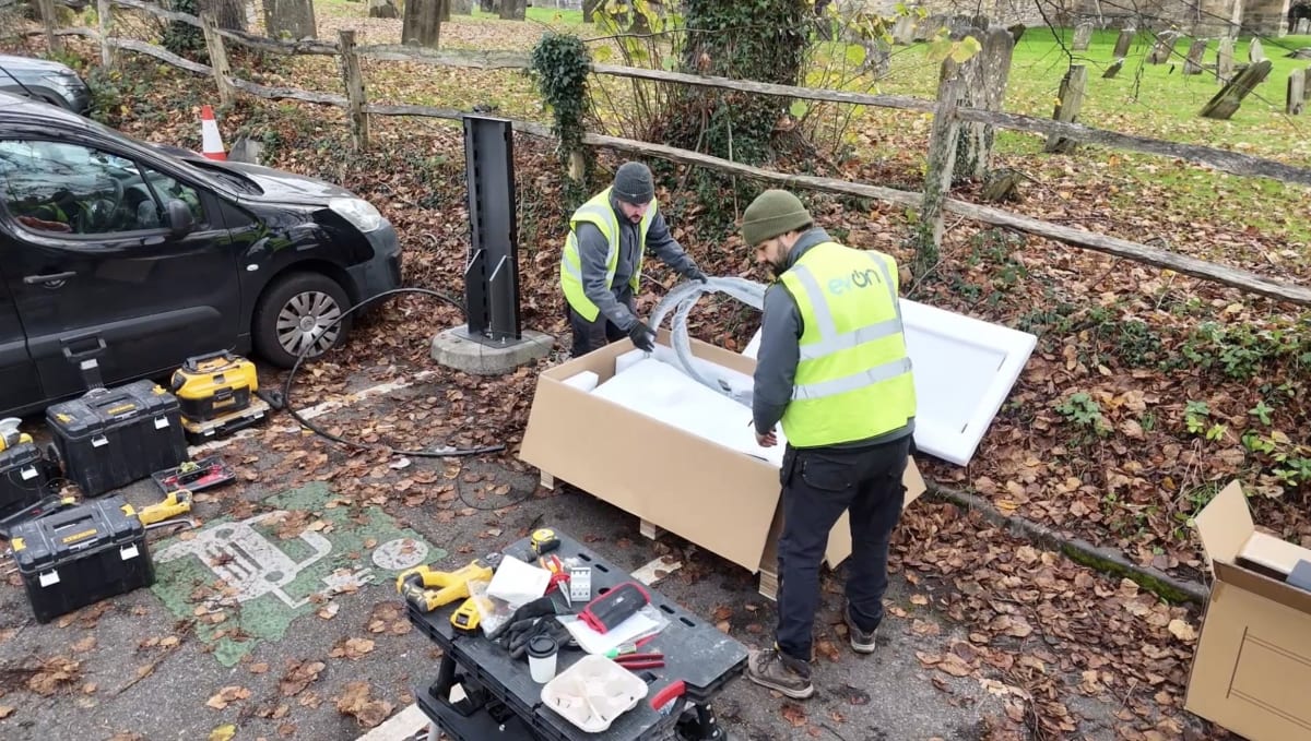EV-ON install team unpacking charger components on site at Jockey Lane Car Park, Cranbrook, Kent.