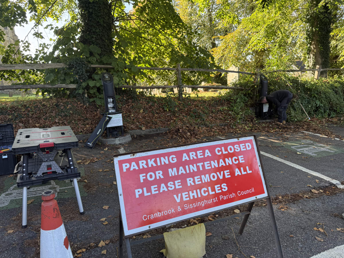Cranbrook and Sissinghurst Parish Council closure sign at Jockey Lane Car Park during EV charger replacement works.