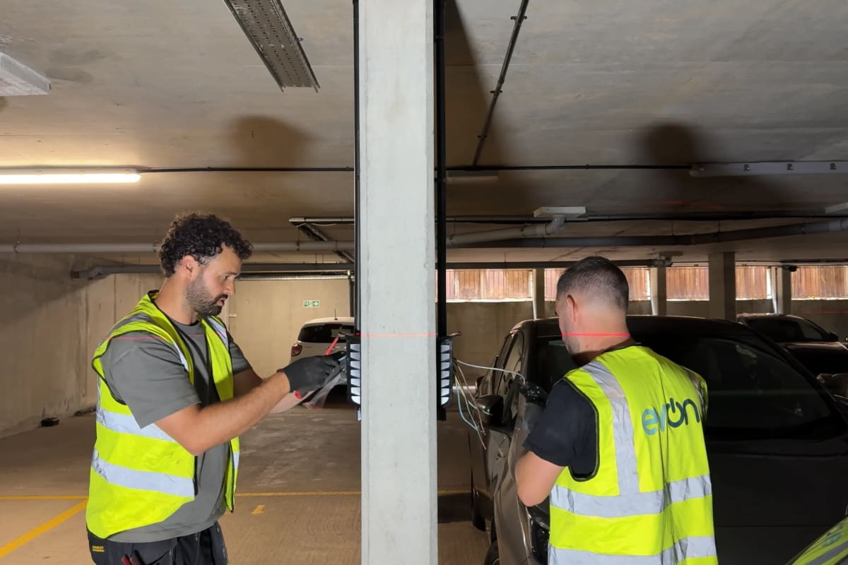 EV-ON engineers installing Easee chargers in Portland Court underground car park retrofit