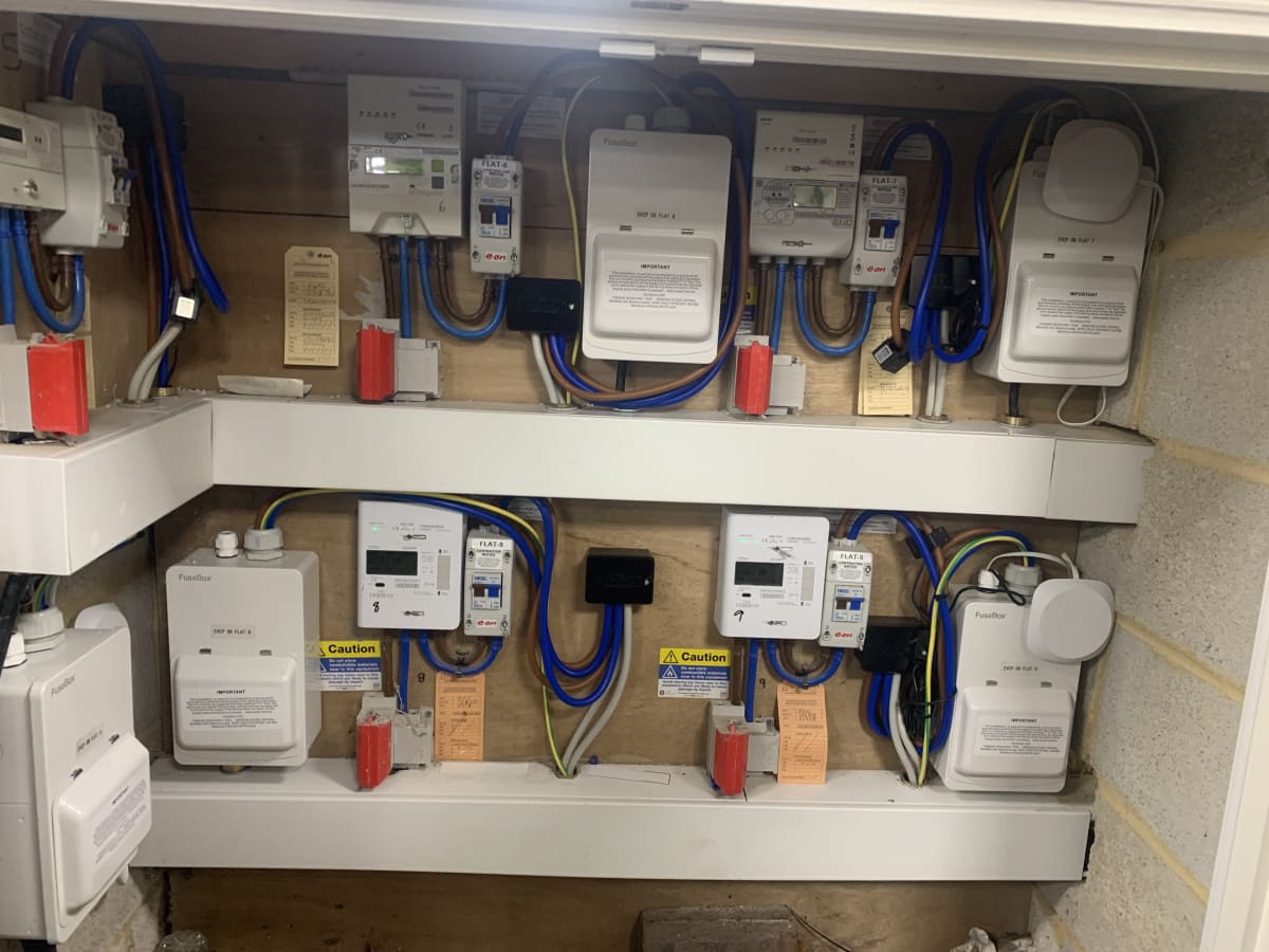 A dedicated individual metering distribution board installed in the meter cupboard at Wickliffe Court, Hendon