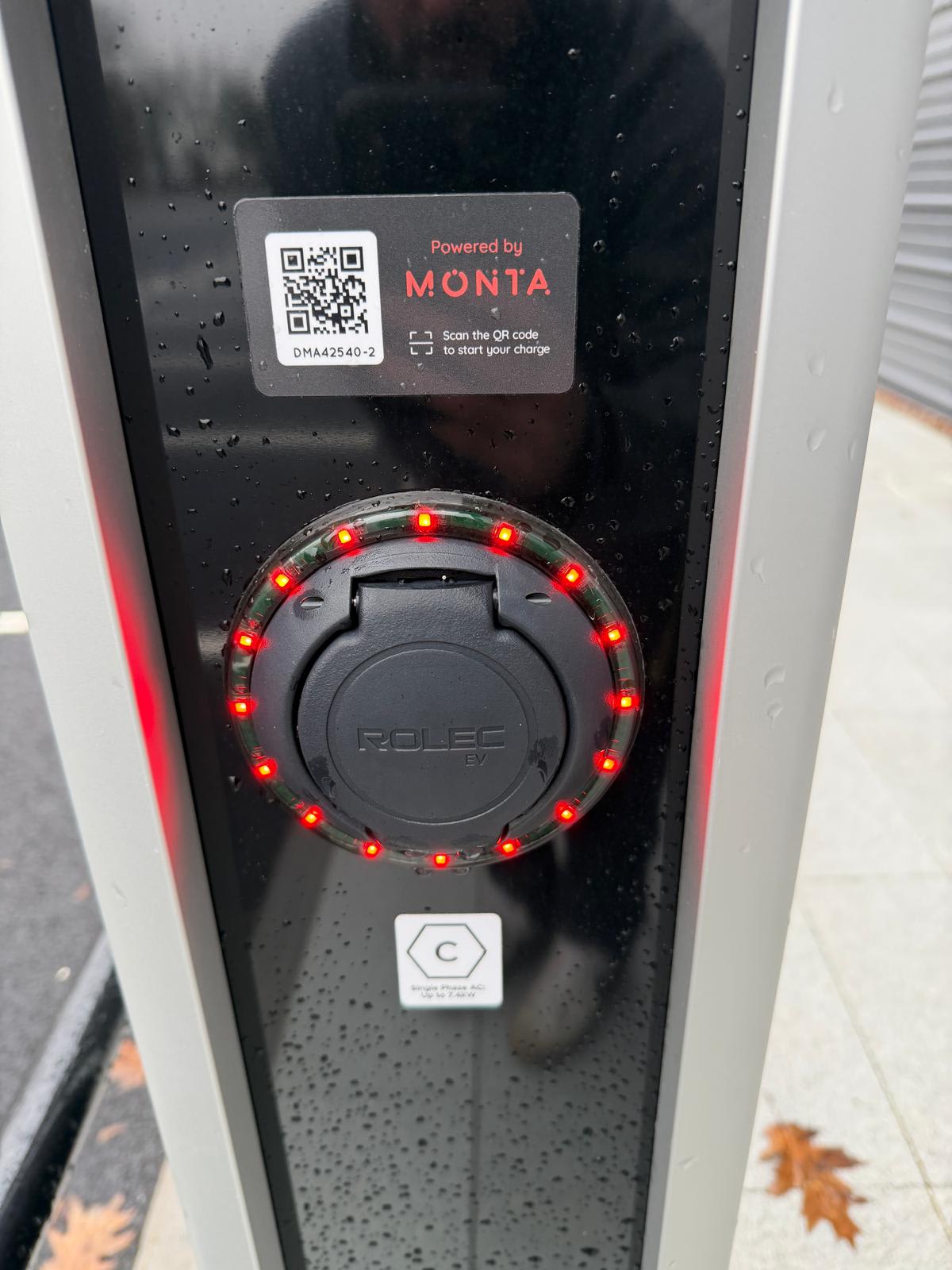 A red fault light showing on the socket ring of a Rolec EV charger