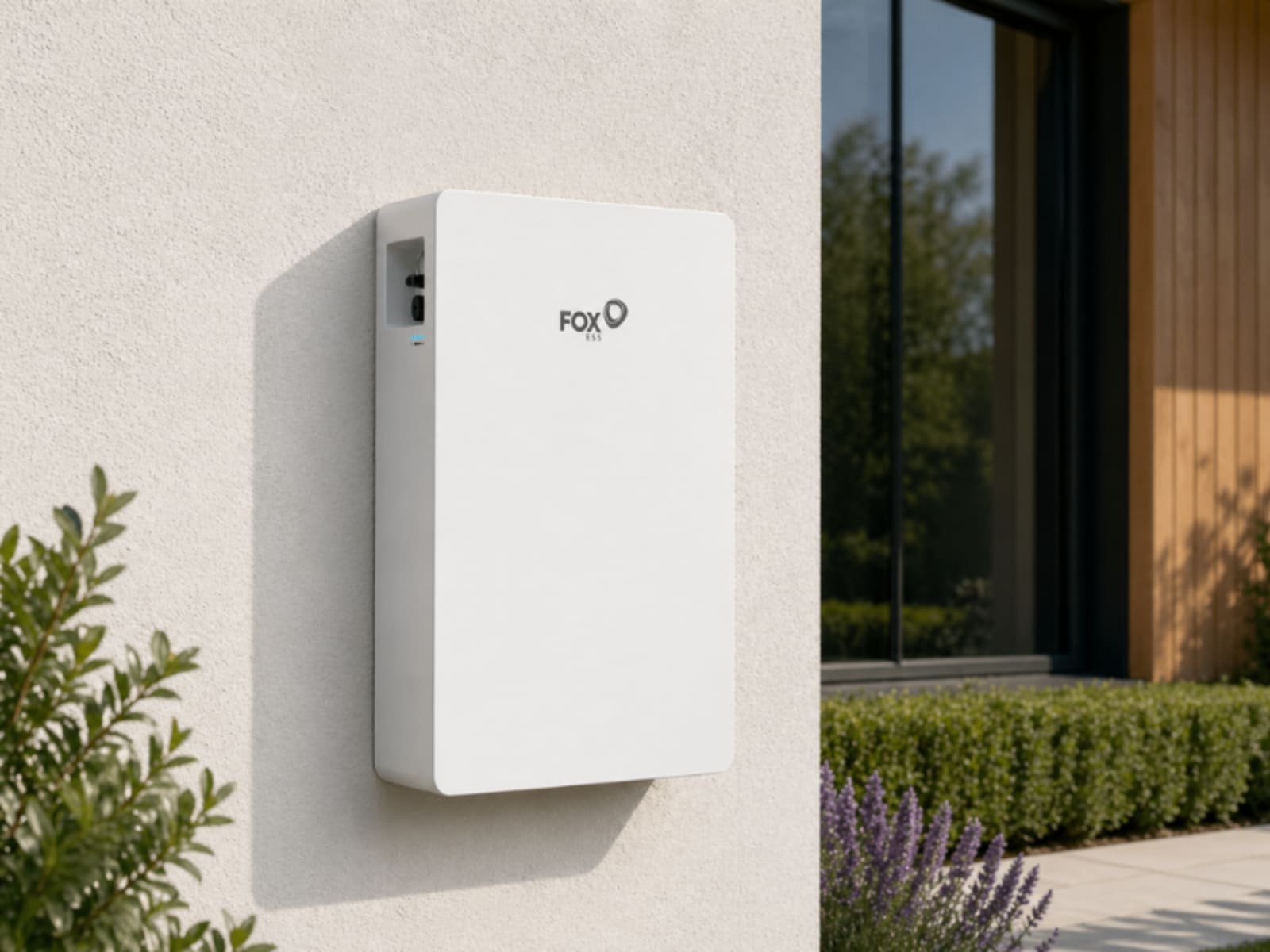 A Fox ESS EP home battery storage unit wall mounted on the rendered wall of a modern home.