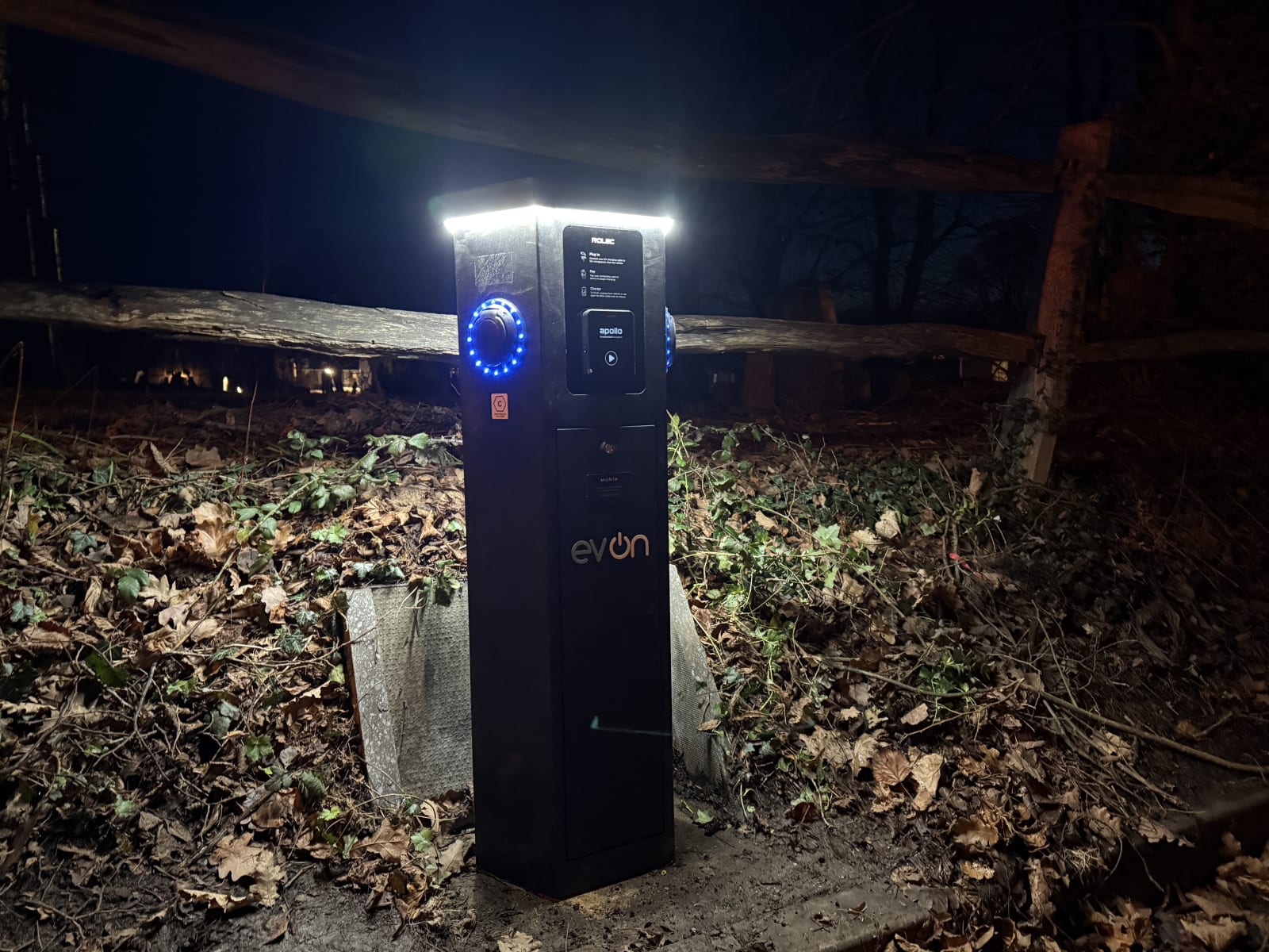 EV-ON Rolec 40kW rapid DC charger illuminated at night at Jockey Lane Car Park, Cranbrook, Kent.