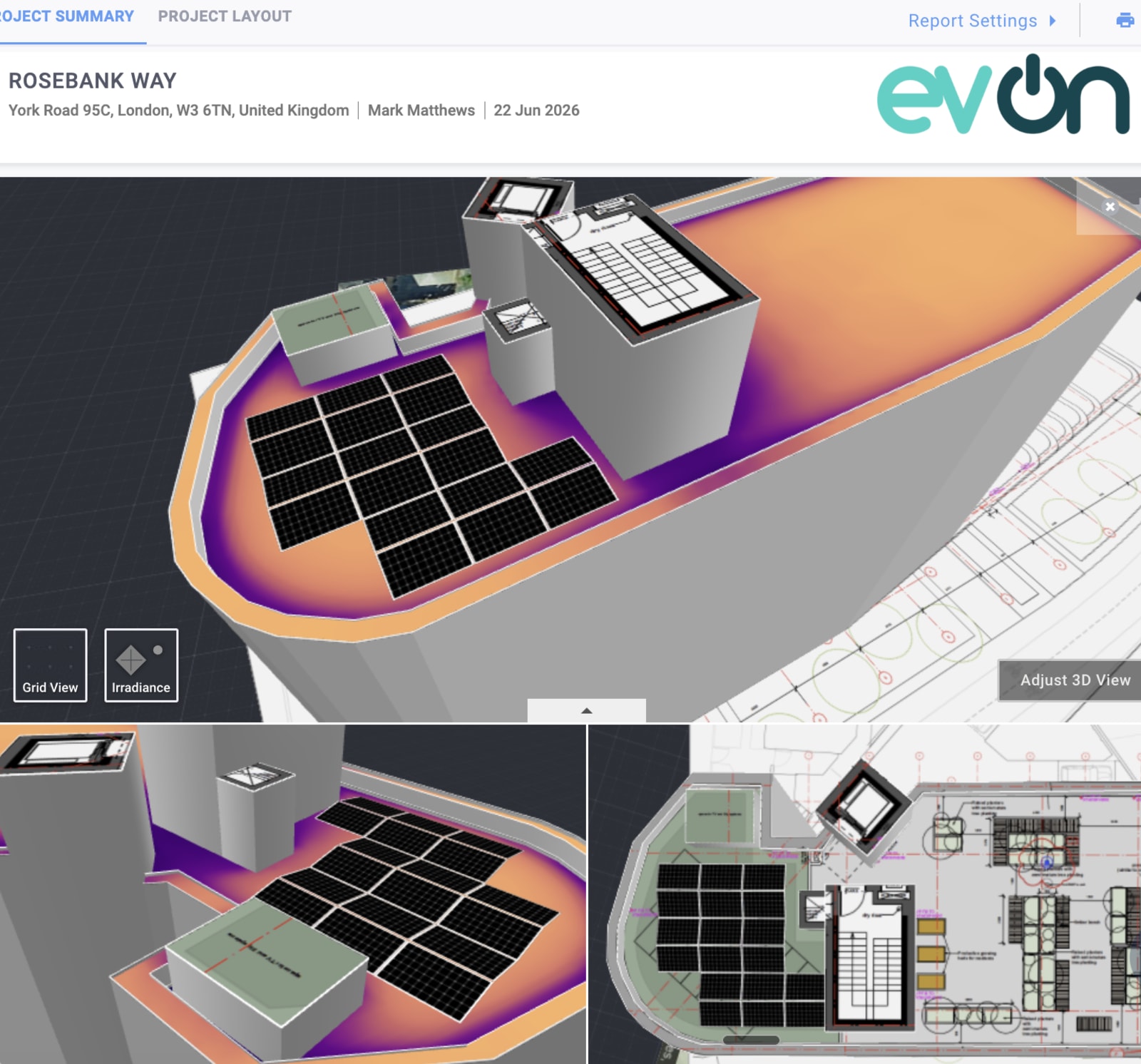 Commercial solar PV system design in the evon software showing 3D irradiance modelling and roof layout, London