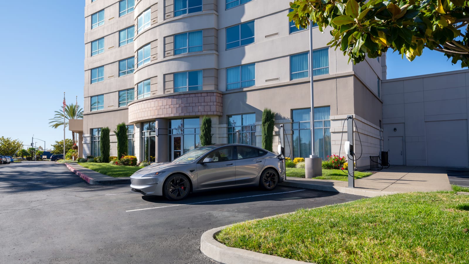 Tesla car parked at a Destination Charging point outside a hotel entrance lined with palm trees.
