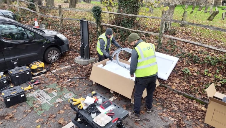 EV-ON install team unpacking charger components on site at Jockey Lane Car Park, Cranbrook, Kent.