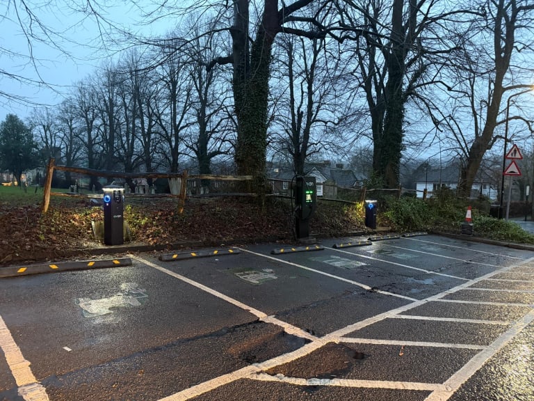 Public EV charging bays with Rolec AC and DC chargers installed at Jockey Lane Car Park, Cranbrook, Kent.