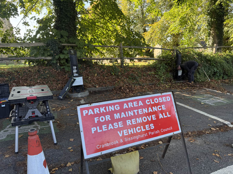 Cranbrook and Sissinghurst Parish Council closure sign at Jockey Lane Car Park during EV charger replacement works.