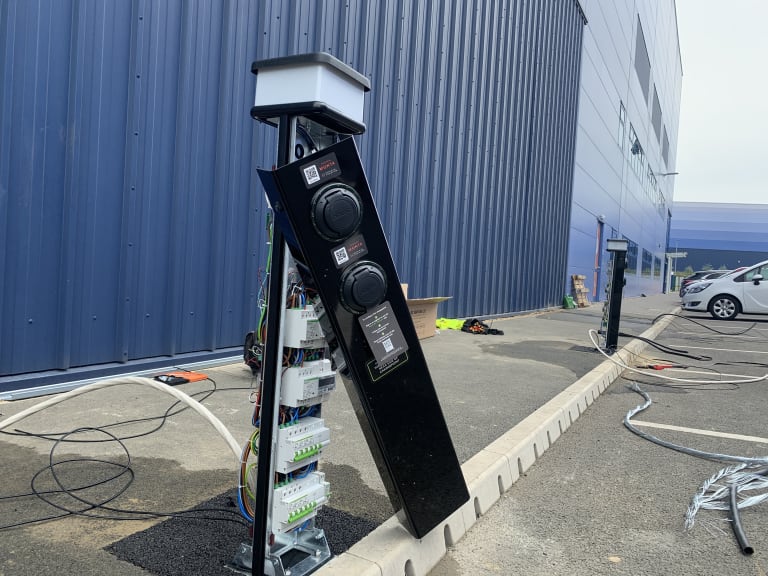 Rolec EV charging pedestal open during wiring and installation with dual Type 2 sockets at Zeus Packaging, Biggleswade