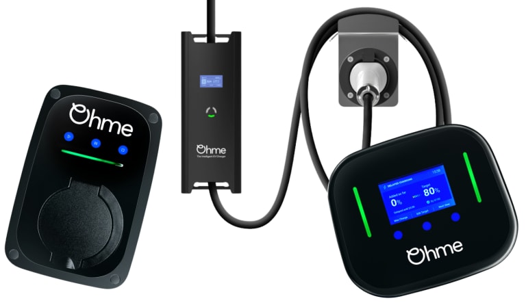 Three generations of Ohme home EV charger, the older Home with its LED ring, the Home Pro and the ePod.