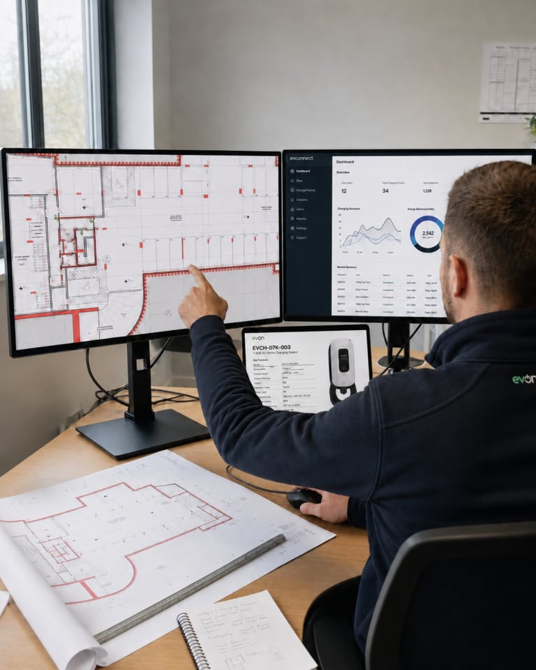 An evon team member reviewing an EV charging installation design on screen