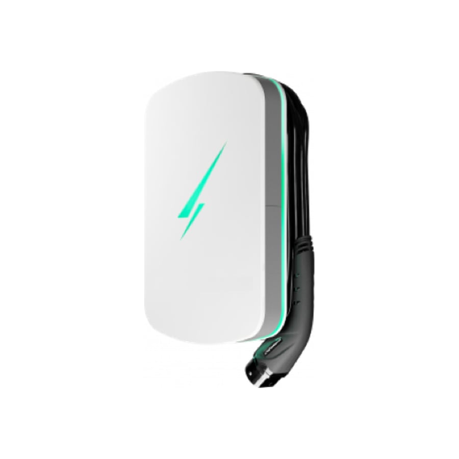 Hypervolt Home 3 Pro EV charger in white with illuminated logo, front product view