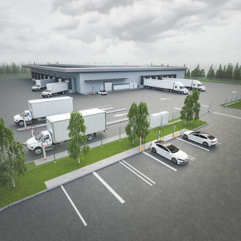 Aerial view of logistics depot with electric vans charging at multiple stations overnight