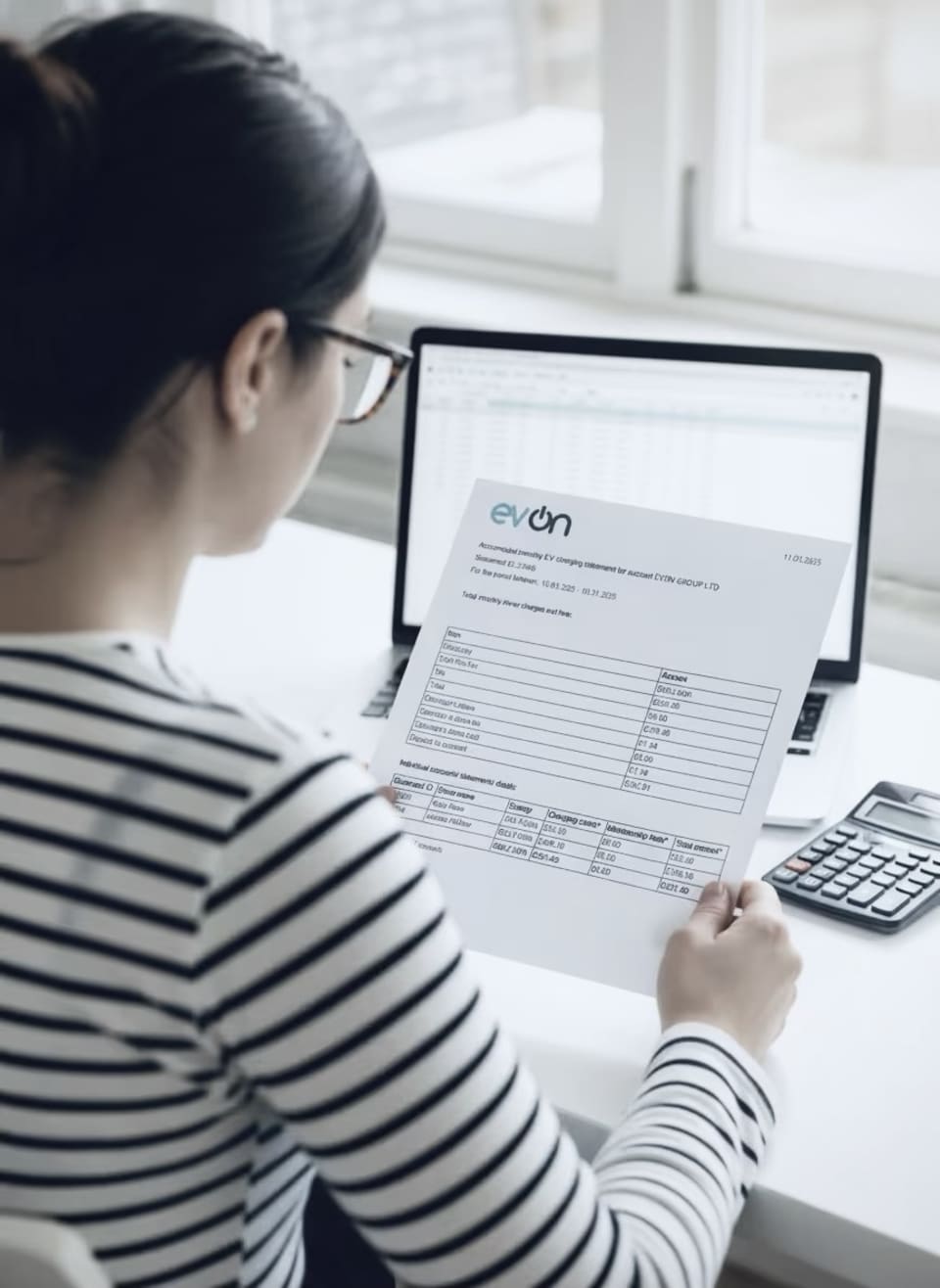 A finance team member reviewing an automated EV charging billing statement