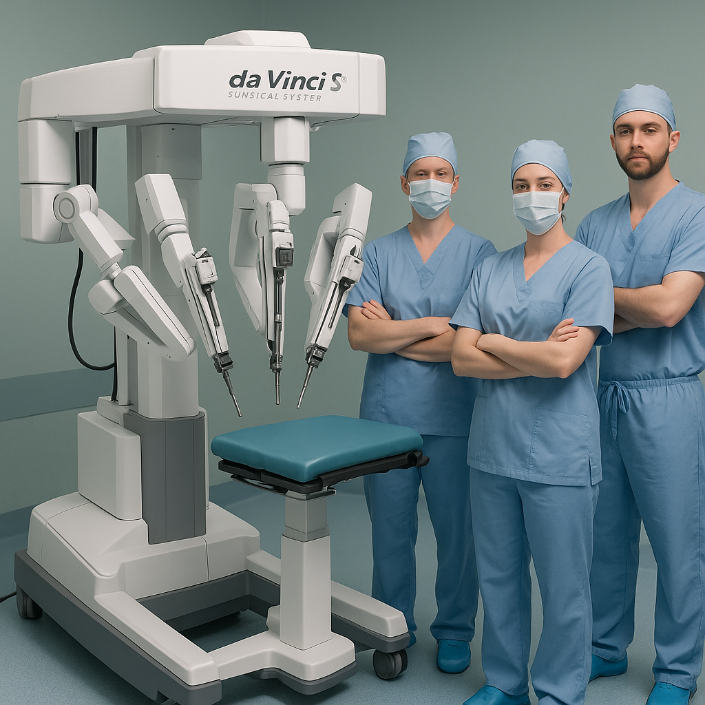 Robot Da Vinci avec l'équipe médicale pour opération de la hernie