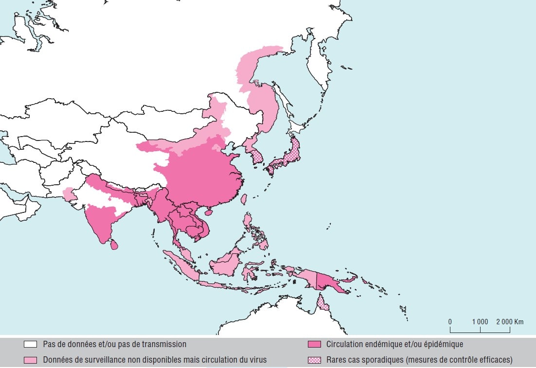 Carte de l'Asie du sud-est et du Pacifique ouest indiquant les pays touchés ou moins touchés par l'encéphalite japonaise. Carte InVS – Données MinSa - OMS - littérature/Fond de carte ESRI 2016