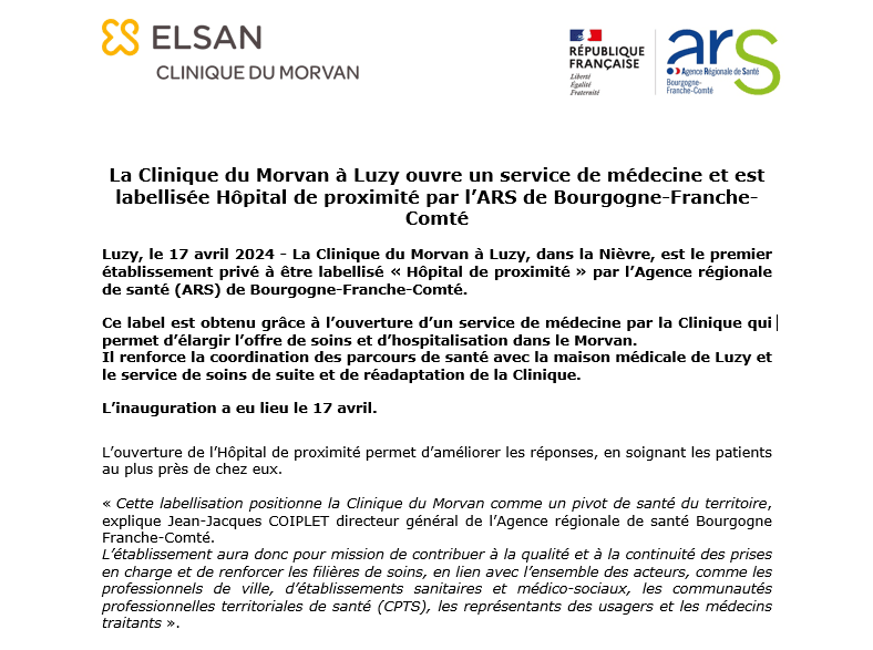 La Clinique du Morvan à Luzy ouvre un service de médecine et est labellisée Hôpital de proximité par l’ARS de Bourgogne-Franche-Comté