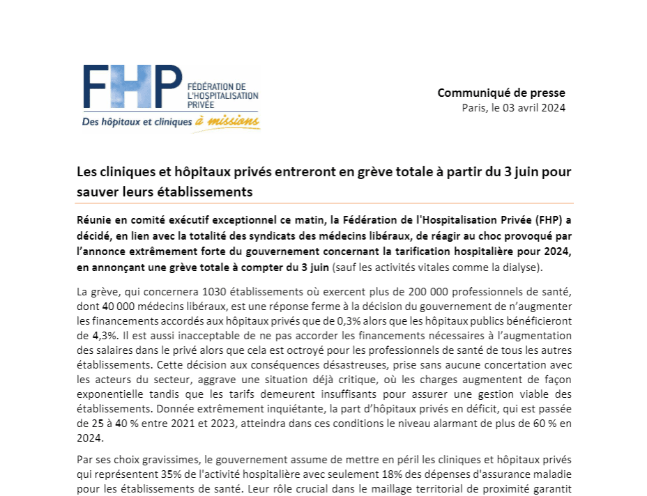 Les cliniques et hôpitaux privés entreront en grève totale à partir du 3 juin pour sauver leurs établissements