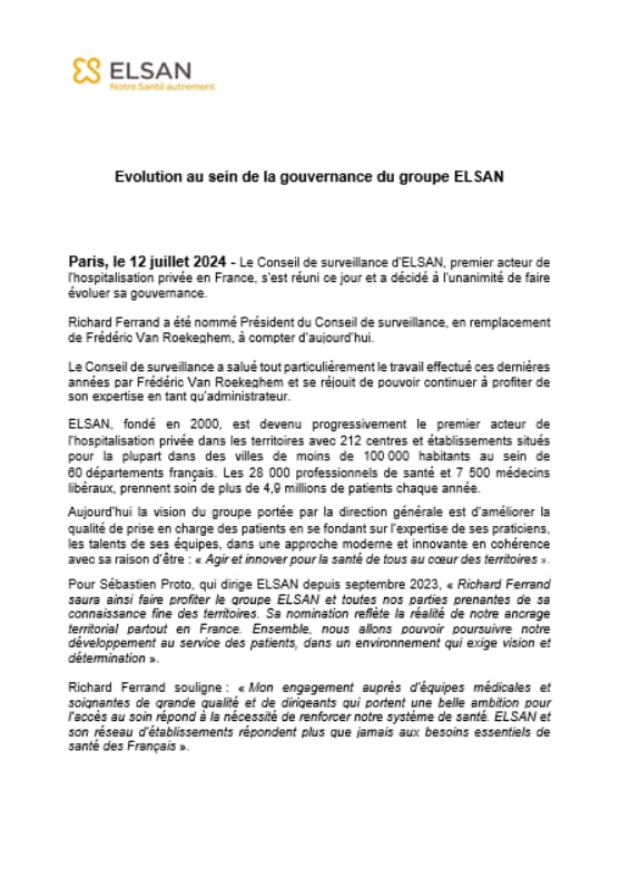 Evolution au sein de la gouvernance du groupe ELSAN