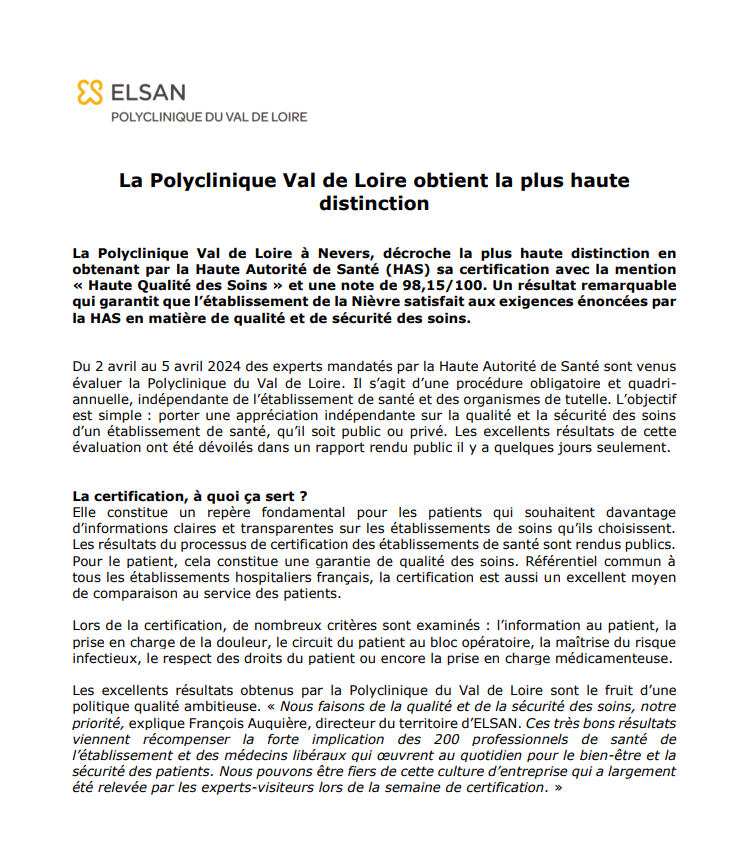 La Polyclinique Val de Loire obtient sa certification « Haute Qualité des Soins »