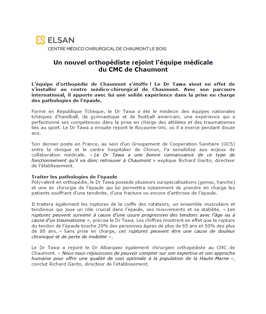 Un nouvel orthopédiste rejoint l’équipe médicale du CMC de Chaumont