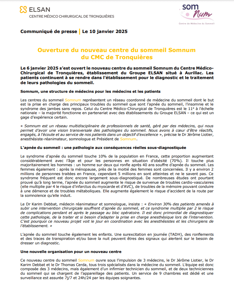 CMC Tronquières : Ouverture du nouveau centre du sommeil Somnum