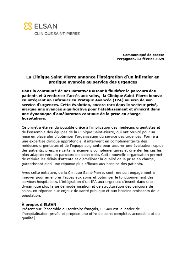 La Clinique Saint-Pierre annonce l’intégration d’un infirmier en pratique avancée au service des urgences