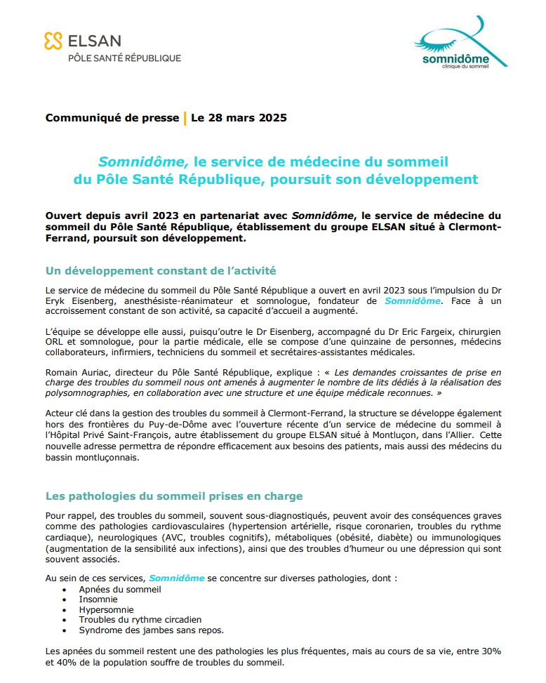 Pôle Santé République : Somnidôme, le service de médecine du sommeil poursuit son développement