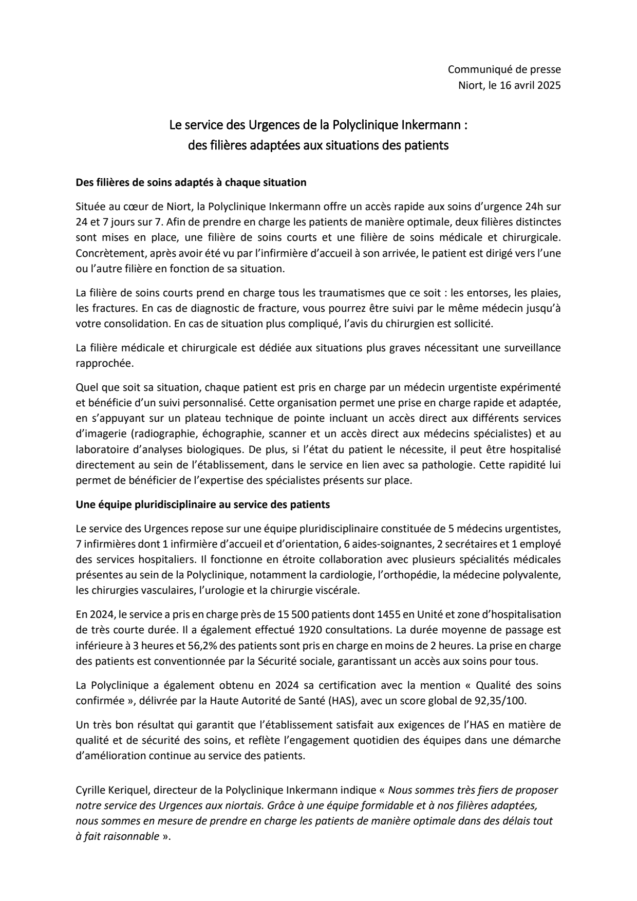 Le service des Urgences de la Polyclinique Inkermann : des filières adaptées aux situations des patients