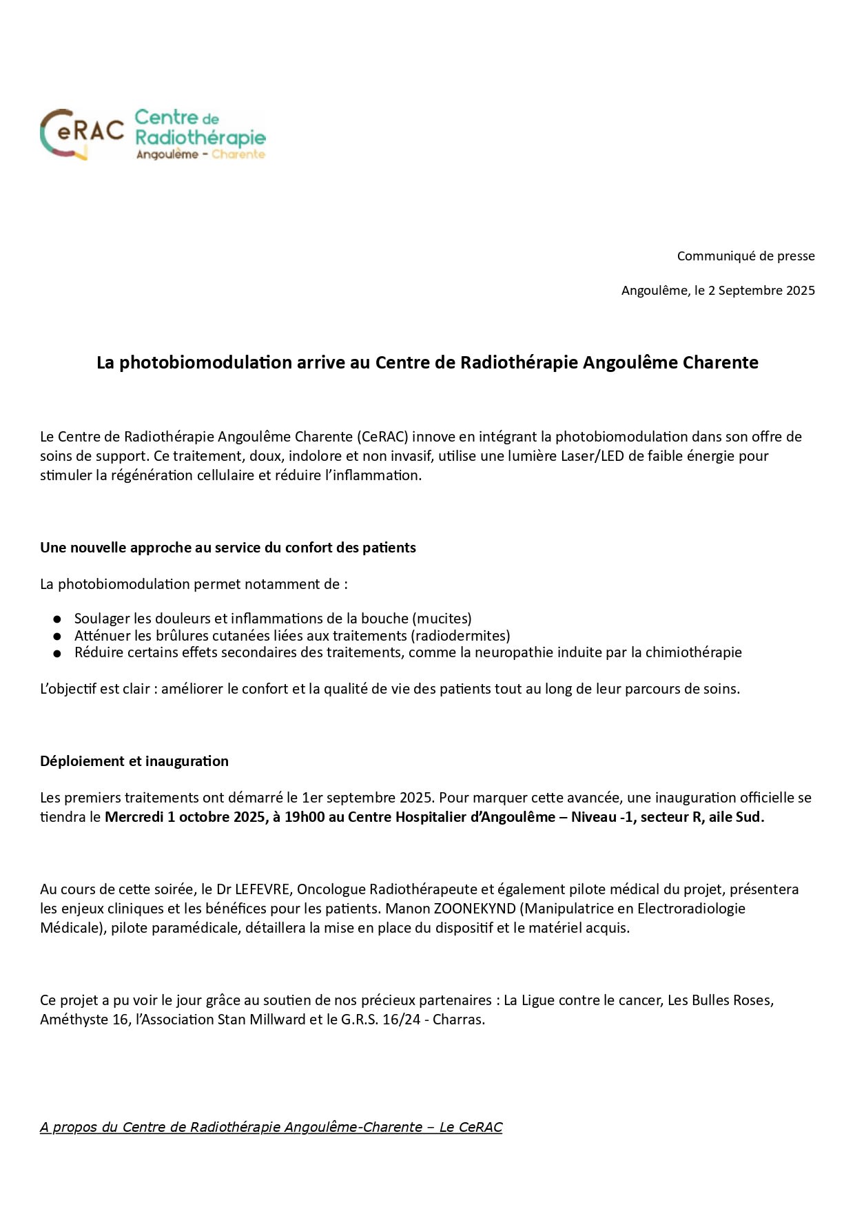 La photobiomodulation arrive au Centre de Radiothérapie Angoulême Charente
