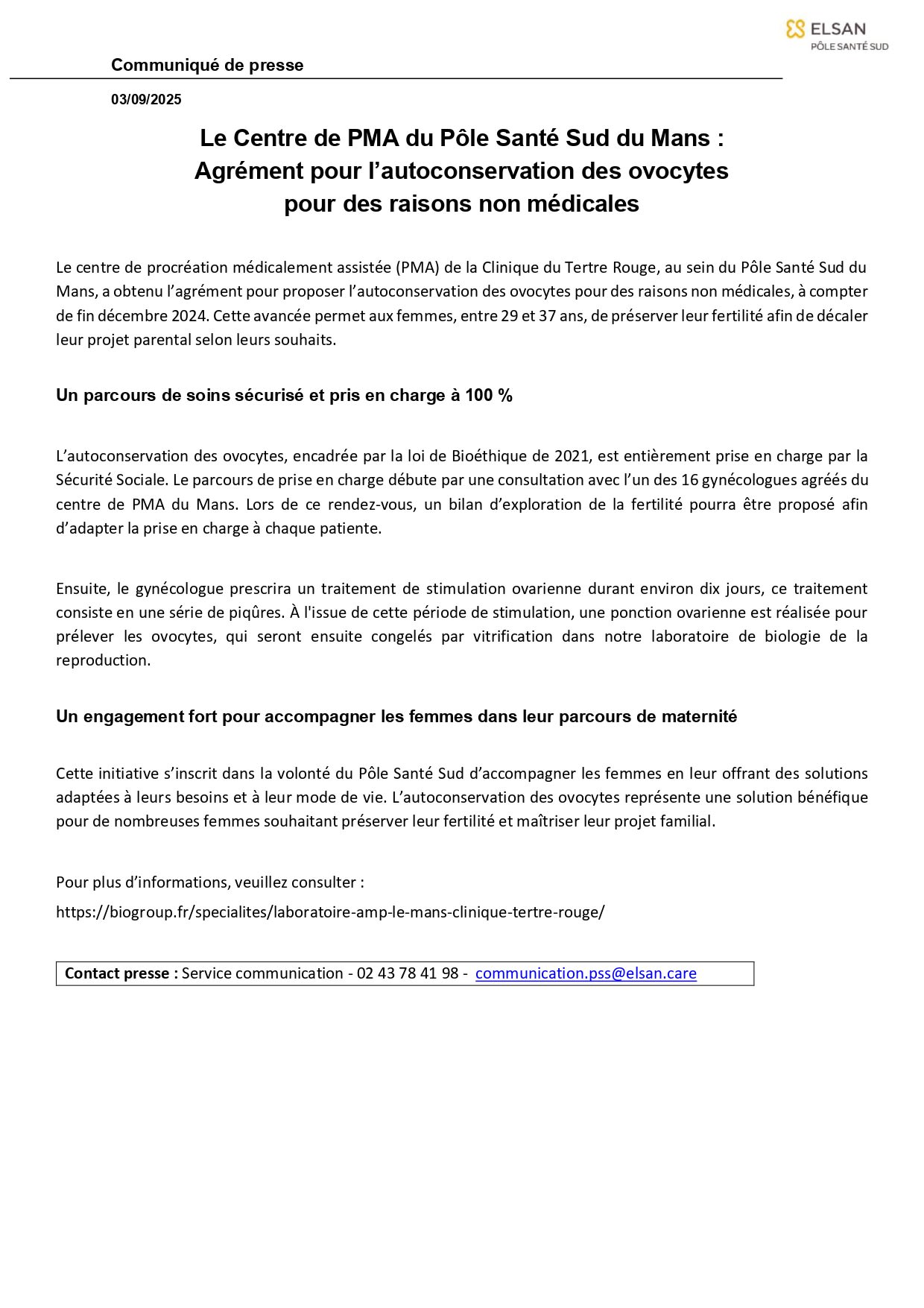 Le Centre de PMA du Pôle Santé Sud du Mans :  Agrément pour l’autoconservation des ovocytes  pour des raisons non médicales