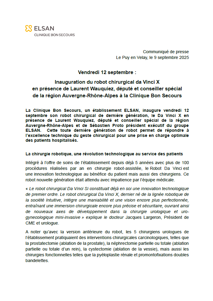 Inauguration du robot chirurgical da Vinci X en présence de Laurent Wauquiez, député et conseiller spécial de la région Auvergne-Rhône-Alpes à la Clinique Bon Secours