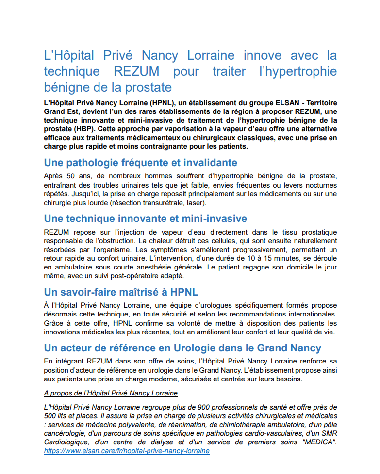 L’Hôpital Privé Nancy Lorraine innove avec la technique REZUM pour traiter l’hypertrophie bénigne de la prostate