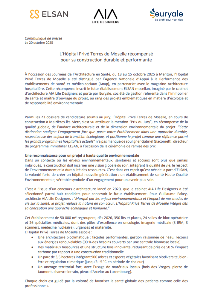 L’Hôpital Privé Terres de Moselle récompensé  pour sa construction durable et performante