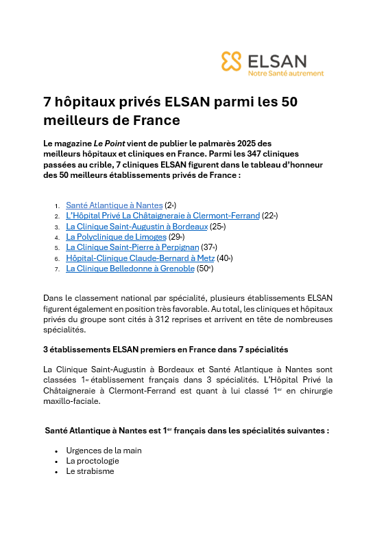7 hôpitaux privés ELSAN parmi les 50 meilleurs de France