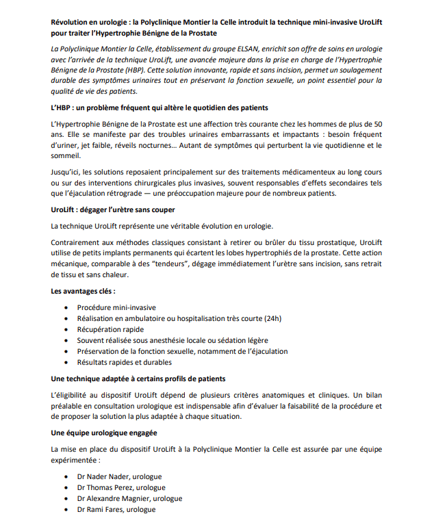 La Polyclinique Montier la Celle introduit la technique mini-invasive UroLift pour traiter l’Hypertrophie Bénigne de la Prostate